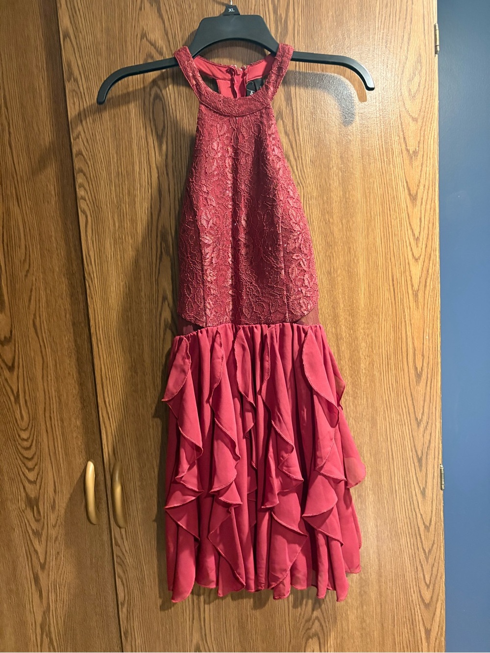 Speechless Red Lace Halter Dress with Ruffle Skirt